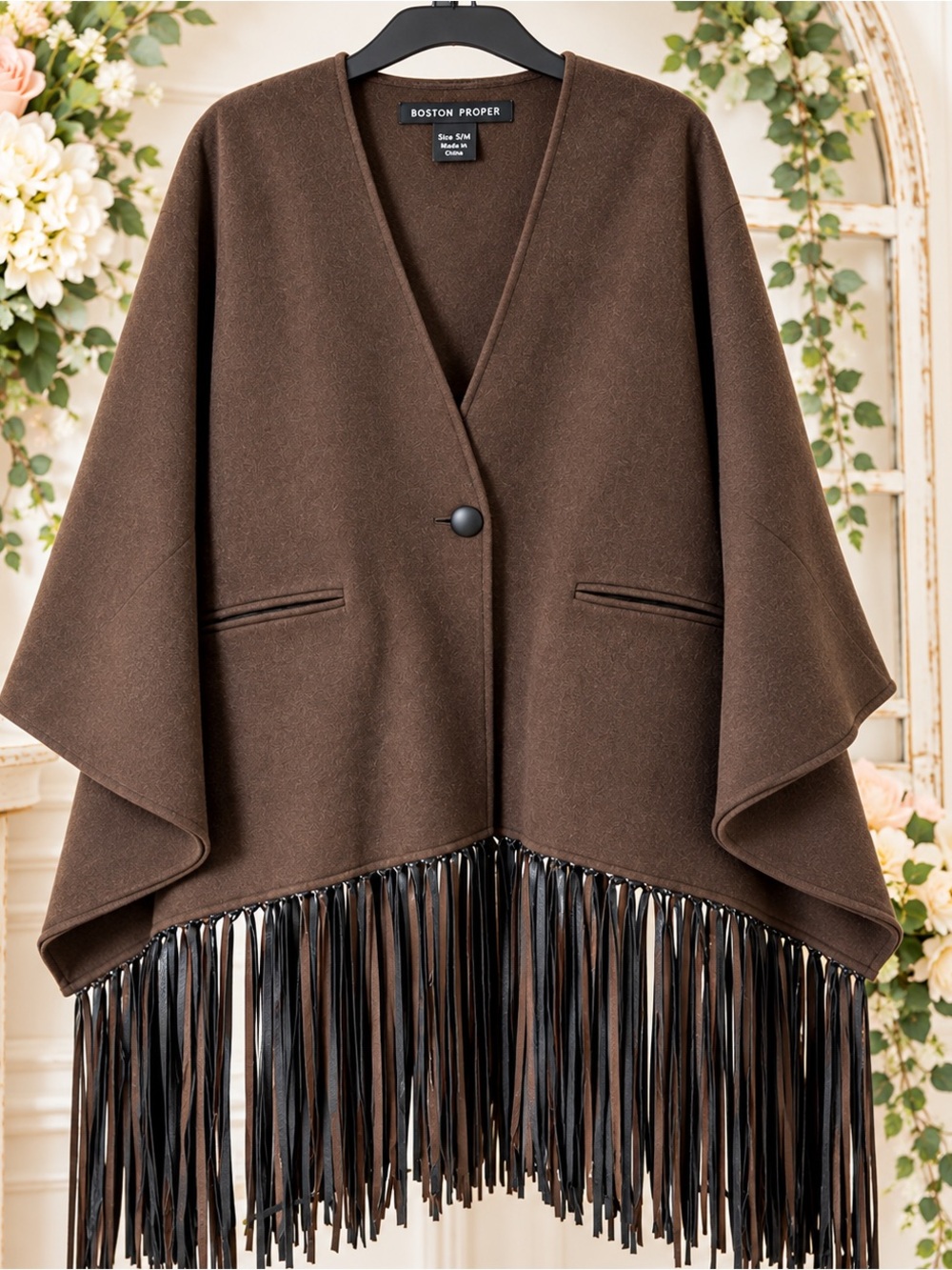 Boston Proper Wool Blend Fringe Cape Cardigan S/M Brown Boho Chic New